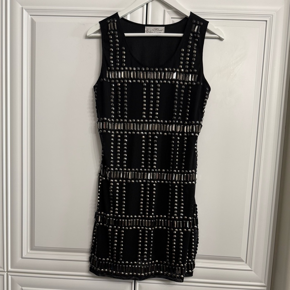 Mizumi Size S/M Black Sleeveless Mini Dress Bodycon with Silver Beaded Front